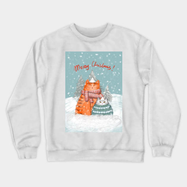 Merry Christmas greeting winter card with cute fluffy cats in red Santa hats and scarves. Crewneck Sweatshirt by Olena Tyshchenko